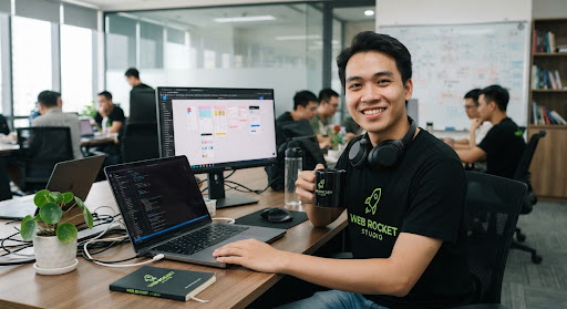 Người làm sản phẩm ghi chú kế hoạch website bên máy tính